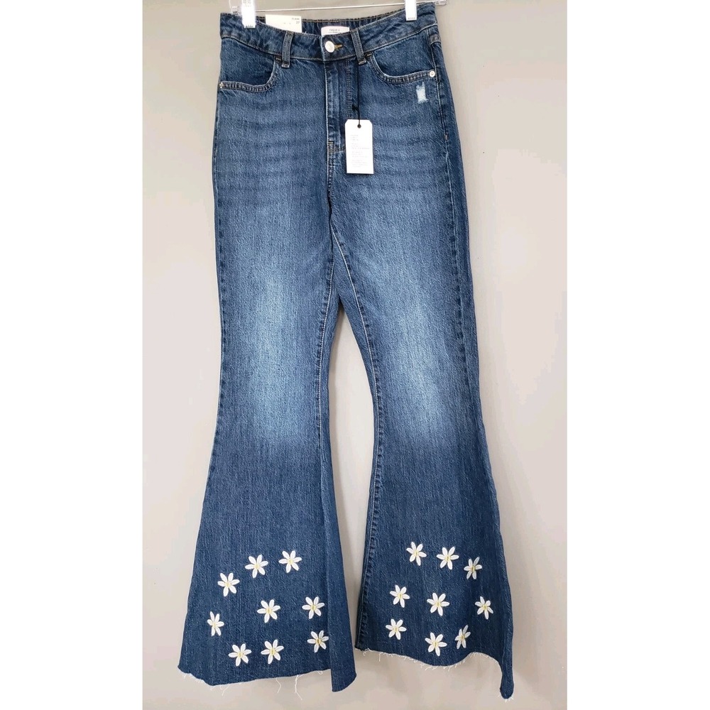 NEW Flare Jeans Sz 27 High Rise Daisy Embroidered Sunflower hippie festival boho